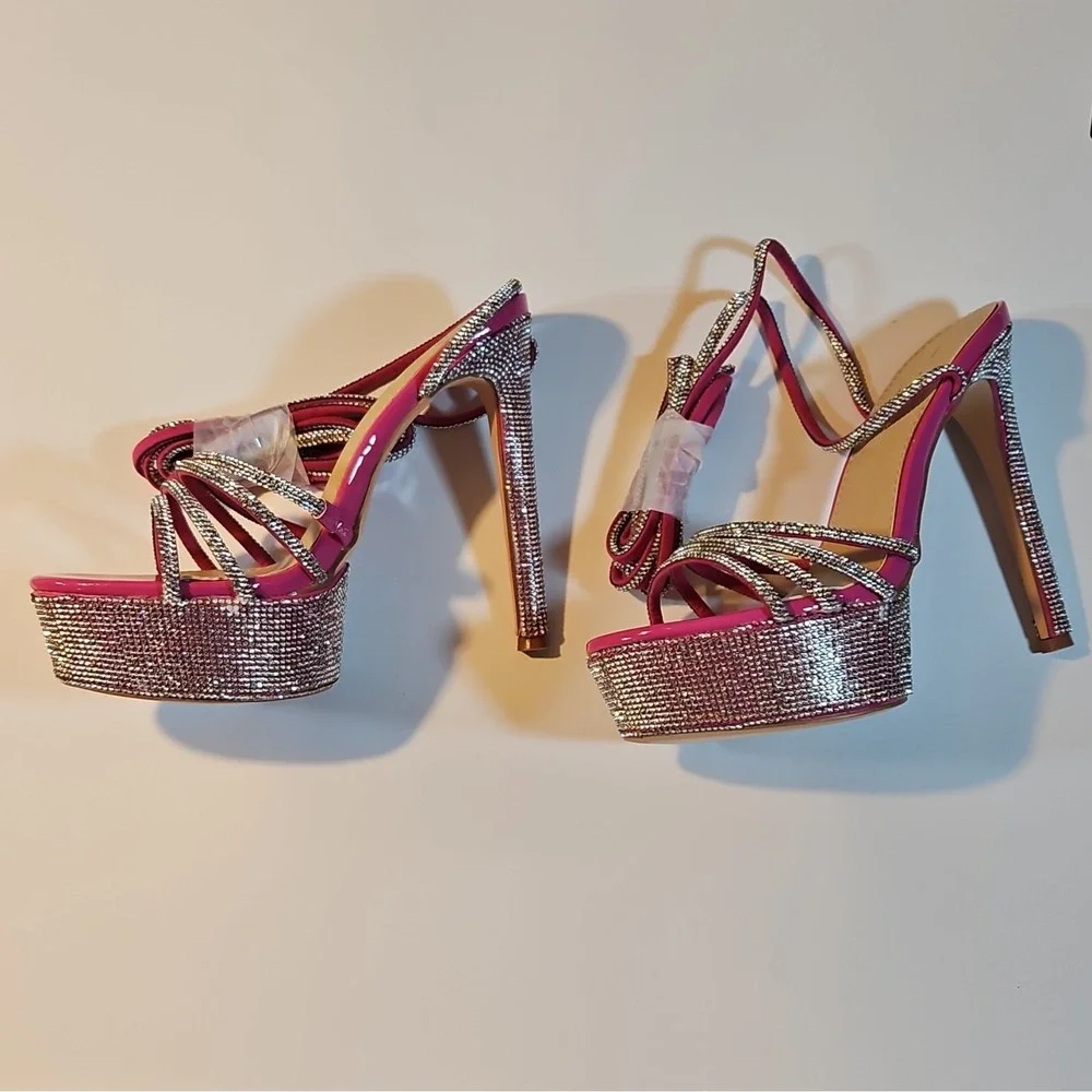 Cathy Din Hot Pink Synthetic Rhinestone Platform Ankle Strap Open Toe 8.5